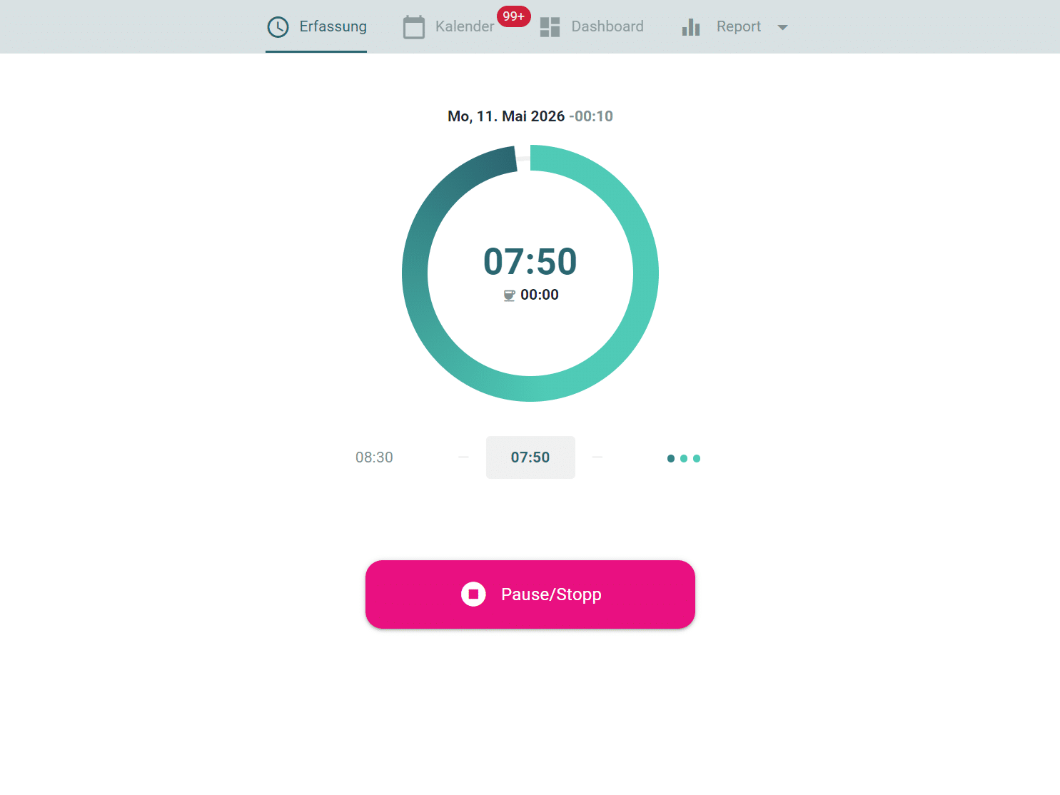 in.work Erfassungs-Ansicht mit Start-Stopp-Timer