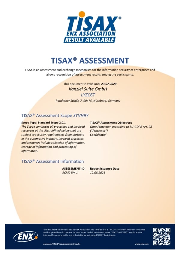 TISAX®-Assessment-Nachweis der Kanzlei.Suite GmbH, ausgestellt von der ENX Association, Scope-ID SYVH9Y, gültig bis 23.07.2029